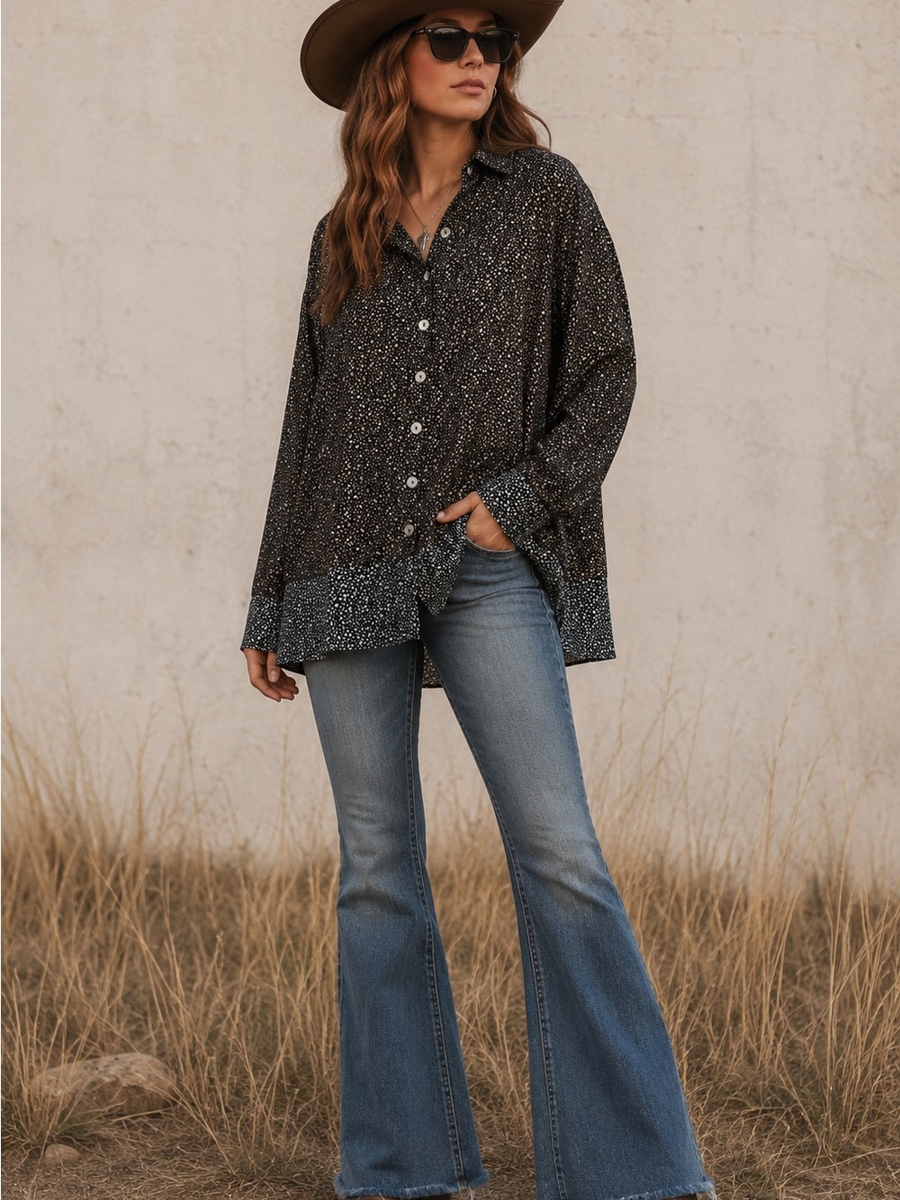 Habitat Clothes To Live In Mixed Pebble Print Button Down Blouse – Size M